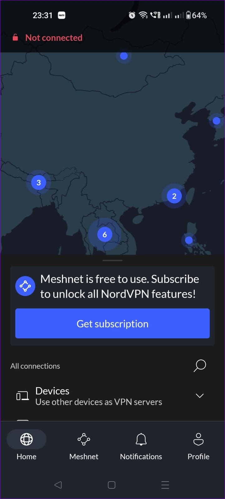 NordVPN ilovasi interfeysi