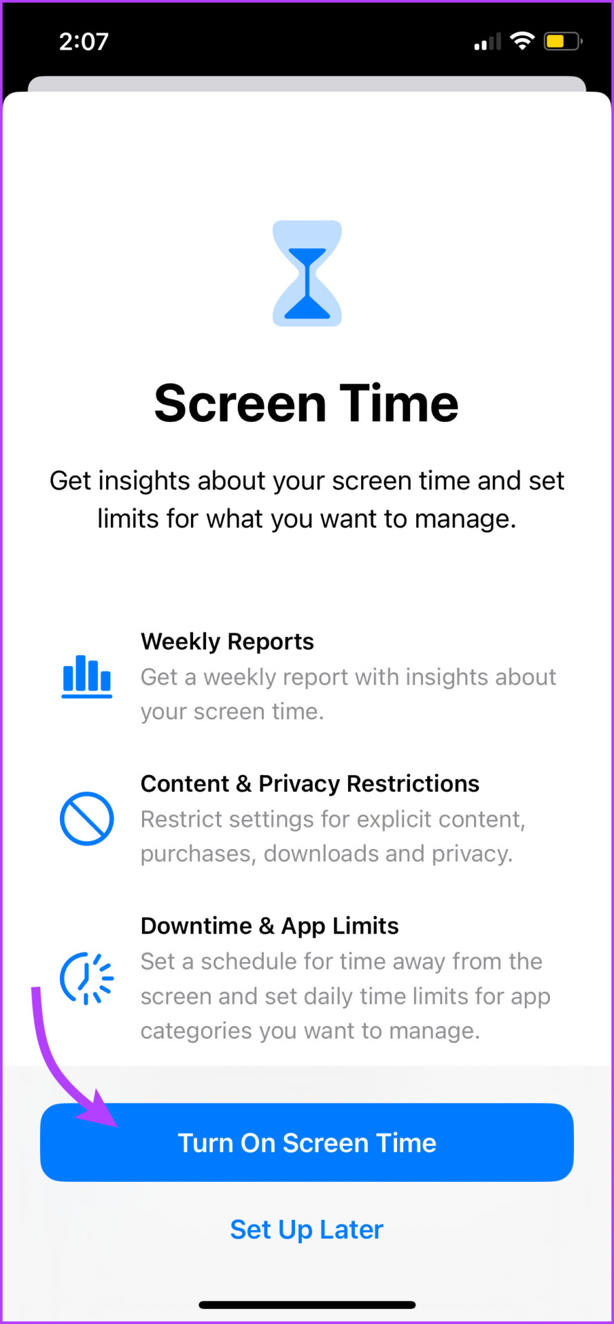 Tap Turn on Screen Time
