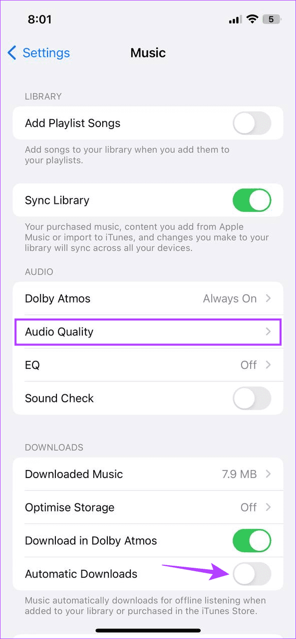 Audio Quality bo‘limiga o‘tish