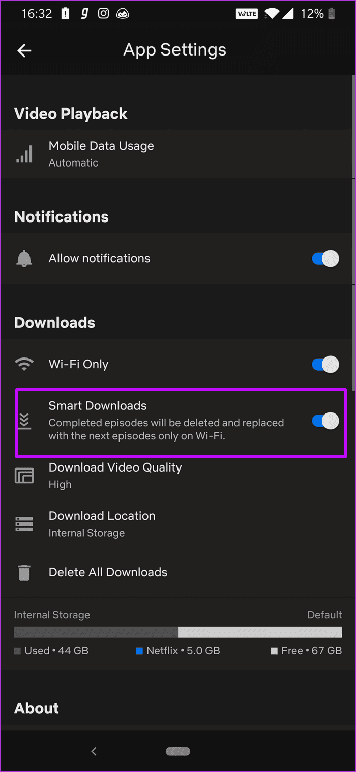 Netflix Smart Downloads toggle